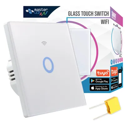 Obrázek produktu pro MasterLED, bezdrátový (WLAN) dotykový vypínač, 1-cestný, do omítky, skleněný, bílý, kompatibilní s Tuya Smart, stupeň krytí IP54