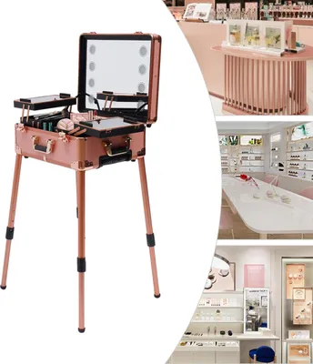 Obrázek produktu pro Kosmetický kufřík na kolečkách – kufřík na make-up – s osvětlením – uzamykatelný – teleskopická rukojeť – organizér – růžové zlato růžová