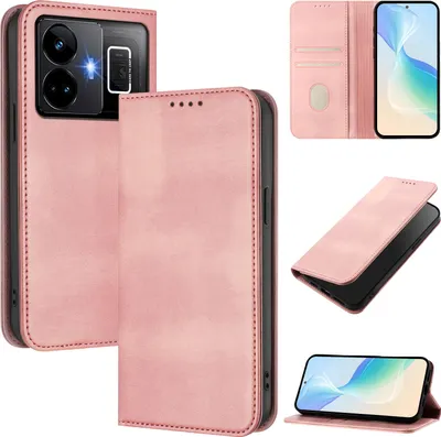 Produktbild von Handyhülle für Realme GT3/Realme GT Neo 5 240W, Vintage Leder RFID Schutz Kartenfach Standfunktion Magnetische Klapphülle Pink