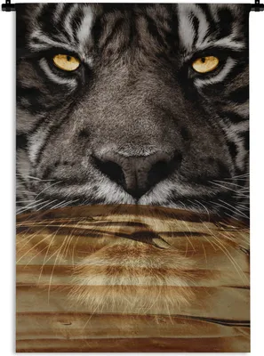 Produktbild von MuchoWow® Wandteppich Wandbehang Tiger - Porträt - Gold 90x135 cm Tapisserie Dekoration Wandtuch - Baumwolle - Wandskulptur