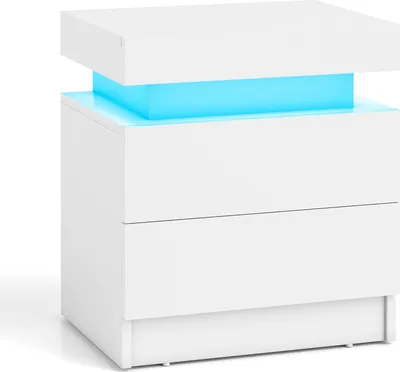 Image de Table de chevet LED avec 2 tiroirs, MDF blanc, design moderne