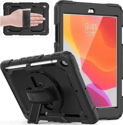 Produktbild von Mobigear SureGrip Xtreme iPad 7 (2019) Hülle Kunststoff,Silikon Backcover + Stifthalter + Schulterträger + Ständer - Schwarz
