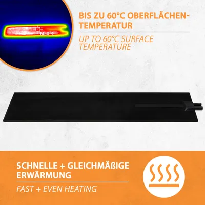 A heating mat is shown with text and graphics highlighting its features.