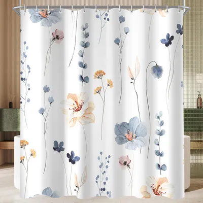 Productafbeelding van Douchegordijn 180x200 cm, blauw bloemenmotief, verzwaarde onderrand, schimmelwerend, waterafstotend, wasbaar polyester douchegordijn met 12 ringen en douchegordijnringen, geschikt voor badkamer en bad.