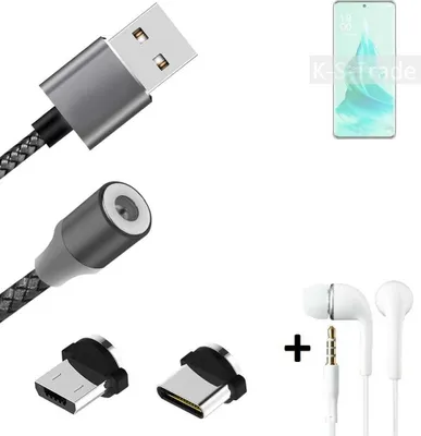 Produktbild von K-S-Trade® Hochwertiges Magnet-Lade-kabel Sync-Kabel Daten-Kabel + Kopfhörer kompatibel mit Oppo Reno9 Pro+ mit USB-Typ-C-Anschluss und