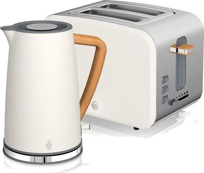 A white kettle and a white toaster with wood accents are shown side-by-side against a white background.