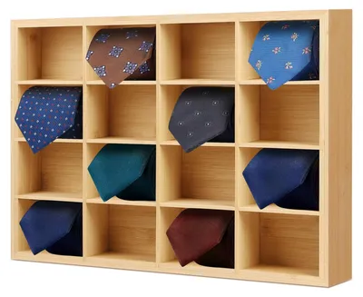 Produktbild von Omgoods - Wandhalterung für Krawatten mit 16 Fächern - Krawatten-Organizer - Multifunktionaler Wandorganizer - Natürliches Bambus - Elegantes Design - Platzsparend - Krawattenorganizer