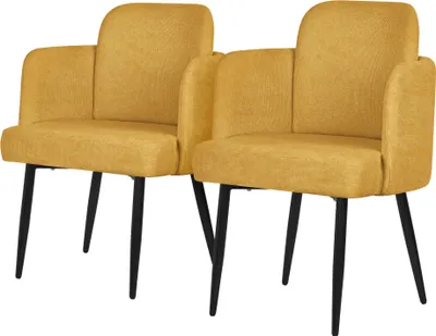 Produktbild von ML-Design 2er Set Esszimmerstuhl Senf Stoffbezug Küchenstuhl mit Armlehne & Rattan-Optik Rückenlehne Polsterstuhl mit Metallbeinen Ergonomische