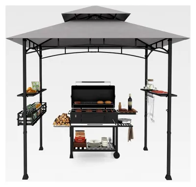 Produktbild von Grillpavillon mit Doppeldach, Seitenregalen, Haken und Flaschenöffner, wetterfest, Grillunterstand, 242 x 153 x 250 cm, Grau