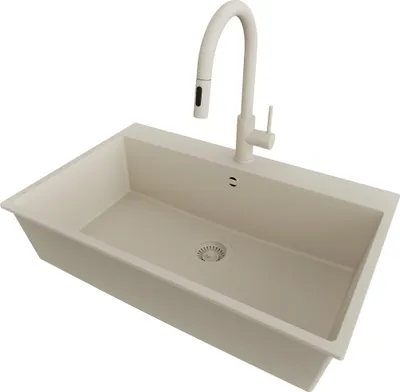 Produktbild von PRIMAGRAN Granitspüle Beige 78x50cm, Spülbecken 1 Becken + Küchenarmatur 40x20cm + Ablauf-Set, Küchenspüle ab 80er Unterschrank - Riga