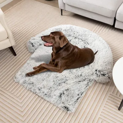 Immagine prodotto di Cuccia in peluche per cani con base antiscivolo, rivestimento sfoderabile e lavabile e morbido paranuca, grande 115 x 120 cm, grigio-bianco