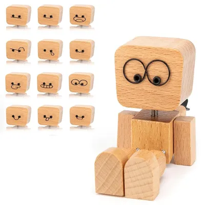 Holz-Wackelfigur mit 12 austauschbaren Gesichtern