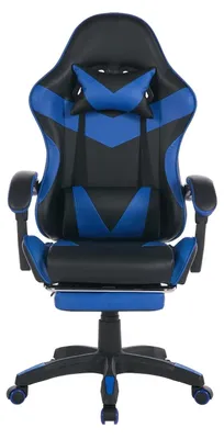 Produktbild von Ergonomischer Gaming Stuhl - Racing Bürostuhl mit Fußstütze - Hohe Rückenlehne - Drehbar - Höhenverstellbar - Kopf- & Lordosenstütze - Schwarz Blau