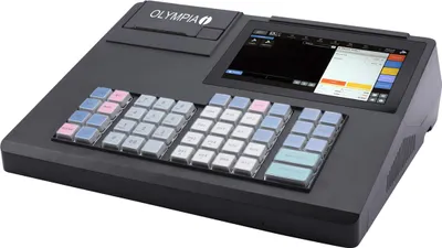 A black Olympia cash register with a touchscreen and keypad.