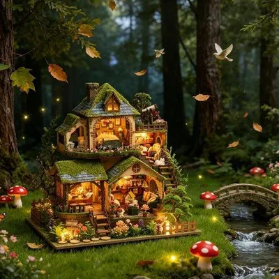 Productafbeelding van Miniatuur Poppenhuis - Houten Knutselpakket - Creatief Hobbyen - Met LED Verlichting - 32 x 26.5 cm - Groen