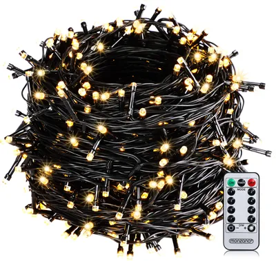 A coiled string of warm white LED lights with a remote control.