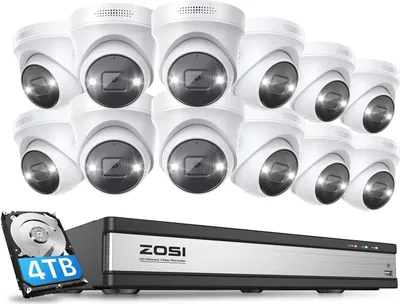 Produktbild von ZOSI 4K Überwachungskamera Set, 12X 8MP PoE IP Outdoor Kamera mit 16CH 4TB HDD NVR für 24/7 Aufzeichnung, 2 Wege Audio, Farbnachtsicht