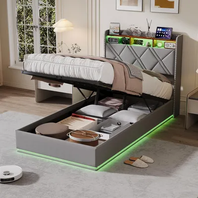 Produktbild von ProximaX Polsterbett 90x200cm mit USB & Typ-C, Einzelbett Jugendbett mit LED, Hydraulisches Stauraumbett Boxspringbett mit Lattenrost, Leinen, Grau