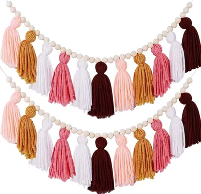 Image de 2 pièces rouge/rose/blanc 100cm guirlande de houppes Bannière de houppes décorative Tenture murale pour la décoration de la maison Mariage Anniversaire Baby Shower Party Supplies, pré-assemblé