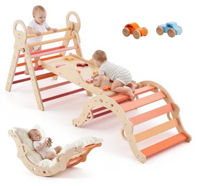 Immagine prodotto di Triangolo da arrampicata VEVOR, gioco da arrampicata 9 in 1, con macchinine in legno, cuscini, triangolo da arrampicata, scivolo e arco da arrampicata, fino a 68 kg, set da gioco Montessori da interno per bambini da 1 a 3 anni, arancione