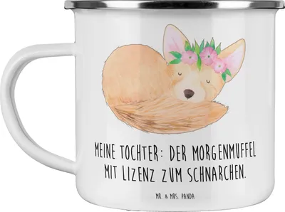 Produktbild von Mr. & Mrs. Panda Teetasse Tochter Morgenmuffel - Weiß - Geschenk, Freude, Schnarchen, Emaille Tasse, Becher, Familienleben, Geschenke für Töchter, Einfallsreichtum, Pott