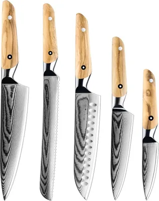 Produktbild von Set Damast Küchenmesser Auri – 5-teiliges Olivenholz-Set in Braun KP38064