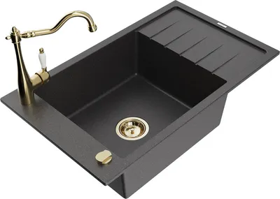 Produktbild von Mexen Elias 1 Becken-Granitspüle mit Abtropffläche und Mischbatterie Carla, Schwarz gesprenkelt - 6511-76-670700-50