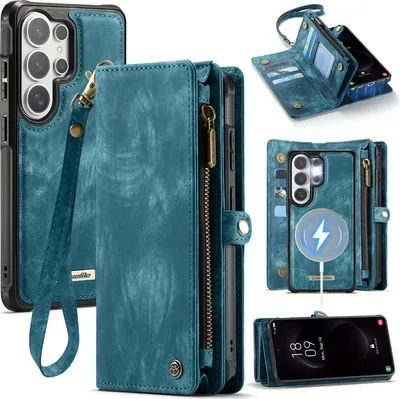 Produktbild von Schutzhülle für Samsung Galaxy S26 Ultra, Vintage Multifunktions Lederhülle, Kartenfächer, Reißverschluss Hülle Blau