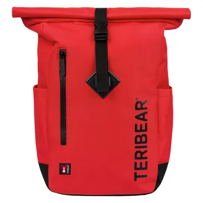 A red rolltop backpack is shown from the front.
