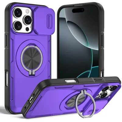 Produktbild von Magnetische Hülle für iPhone 16 Pro, Militär Stoßfest Handyhülle mit Kameraschutz und Ringhalter Ständer Lila