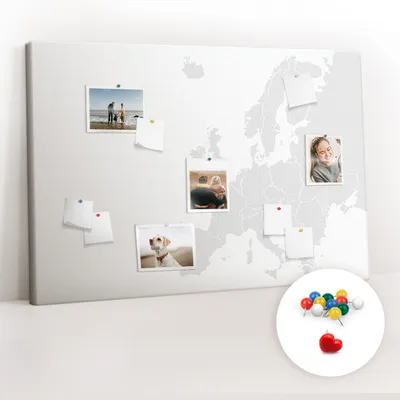 Obrázok produktu pre Korková tabuľa Tabuľa na poznámky Tabuľa na špendlíky - učebná pomôcka 120x80 cm - 100ks farebných  kolíkov - Mapa Európy