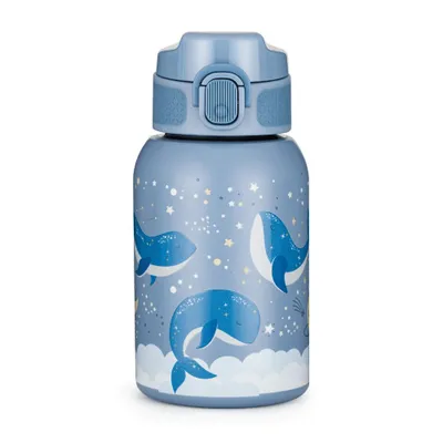 Produktbild von PETITE&MARS Kinder Thermosflasche 350 ml mit Silikon-Strohhalm (Blau / Wale und Sterne)