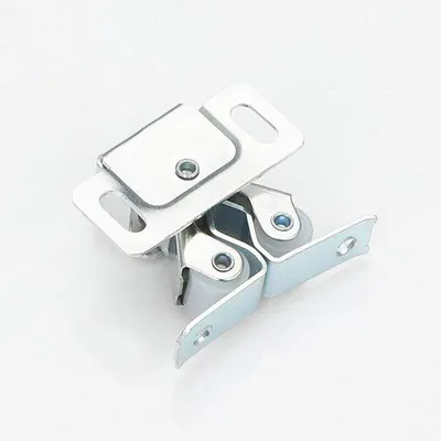 A close-up studio shot of a double roller catch mechanism against a white background.