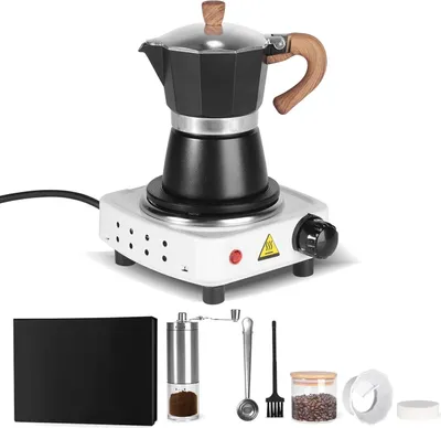 Obrázek produktu pro 7dílná sada kávovarů na espresso s elektrickým vařičem, 3 šálky na espresso, 150 ml, s moka konvičkou, elektrickým vařičem, mlýnkem, odměrkou, dávkovačem prášku, dárek pro milovníky kávy, černý