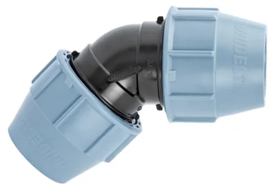 Produktbild von Unidelta PP 45° Winkel 50 mm mit Klemmverschraubung für PE Rohr – Klemmfitting Rohrverbinder Trinkwasser