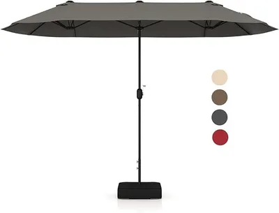 A rectangular patio umbrella with a black stand and base, shown against a white background. Several colored circles representing different color options are visible on the right side.