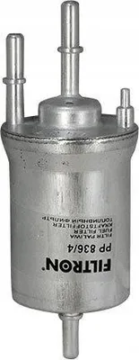 A metallic fuel filter with multiple connectors.