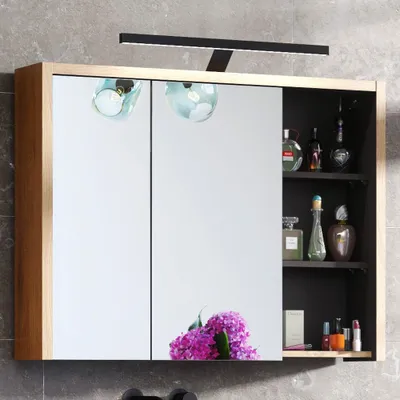 Produktbild von Waschtisch Set in Shetland Eiche Nb. mit anthrazit DANZIG-56 inkl. LED Aufbauleuchte, Keramik Aufsatzbecken weiß, B/H/T: ca. 100/200/46 cm