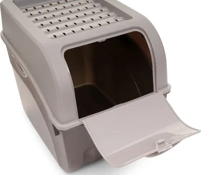 A close-up, studio shot of a gray plastic cat litter box with the front door open.
