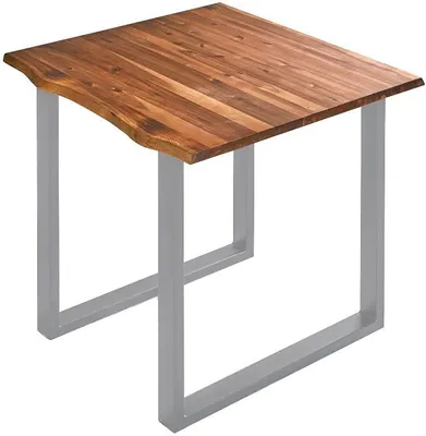 Produktbild von Esszimmertisch 90x90 cm Esra, echte Baumkante, massiver & cognacfarbener Esstisch aus Akazienholz, U-Gestell in Silber, Baumkantentisch mit 26 mm Platte