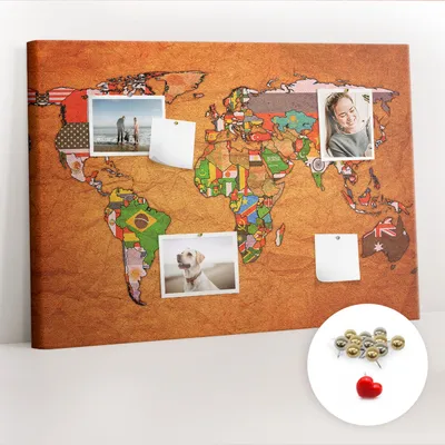 Obrázok produktu pre Korková tabuľa Tabuľa na poznámky Tabuľa na špendlíky - učebná pomôcka 100x70 cm - 100ks kovových  kolíkov - Mapa sveta s vlajkami