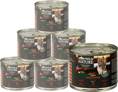 Produktbild von Dehner Wild Nature Katzenfutter Hochmoor, Nassfutter getreidefrei, für ausgewachsene Katzen, Ente / Pute, 6 x 200 g Dose (1.2 kg)