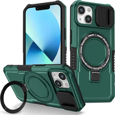 Produktbild von Handyhülle für iPhone 13 Kompatibel mit MagSafe, Robuste Hülle mit Schiebe Kamera Schutz, Magnetischer Ringständer Dunkelgrün
