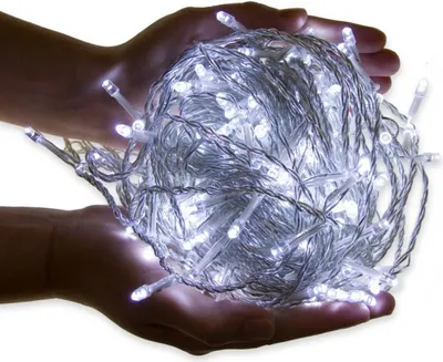 Hands holding a ball of white LED string lights.