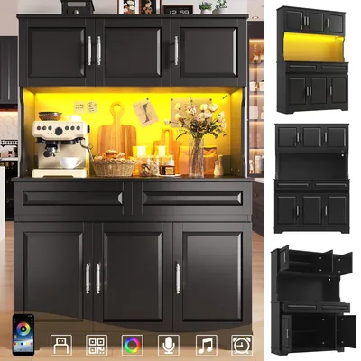 Immagine prodotto di Mobile da cucina alto 108x40x180 cm con controllo tramite app, illuminazione a LED, ripiani regolabili, piano di lavoro, credenza e spazio contenitivo. Nero