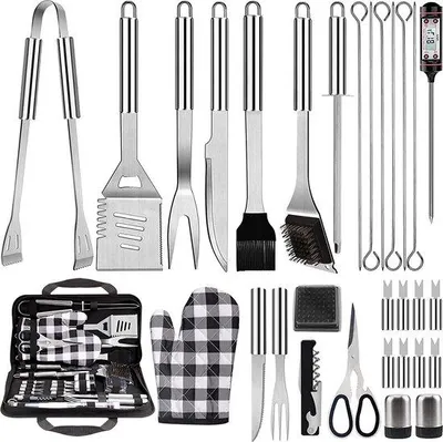 Imagen del producto de Unyqoos®: Set de parrilla de acero inoxidable de 31 piezas – Utensilios de barbacoa de lujo con mangos resistentes al calor, termómetro y bolsa de transporte, ideal para camping y picnics