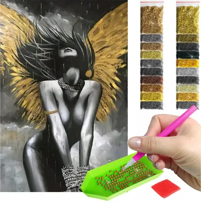 Produktbild von ARTULIO - Diamond Painting Set - Sinnliche Frau mit goldenen Flügeln im Glamourstil - 60 x 40 cm - Groß XXL - 5D Crystal Art, Bilder DIY