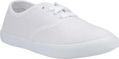 A single white canvas sneaker is shown from a side-angle on a white background.
