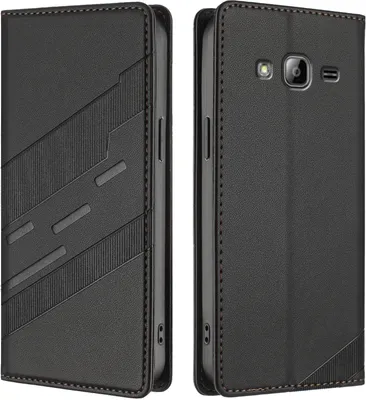 Two views of a black flip case for a Samsung Galaxy J3 2016 phone, shown against a white background.