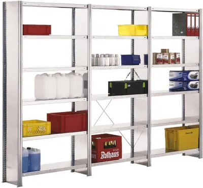 Produktbild von Fachbodenregal FALKE mit Seitenwand | Heavy-Duty | Grundregal | HxBxT 300x129x60cm | 7 Ebenen | Fachlast 350kg | Einseitig nutzbar | Verzinkt